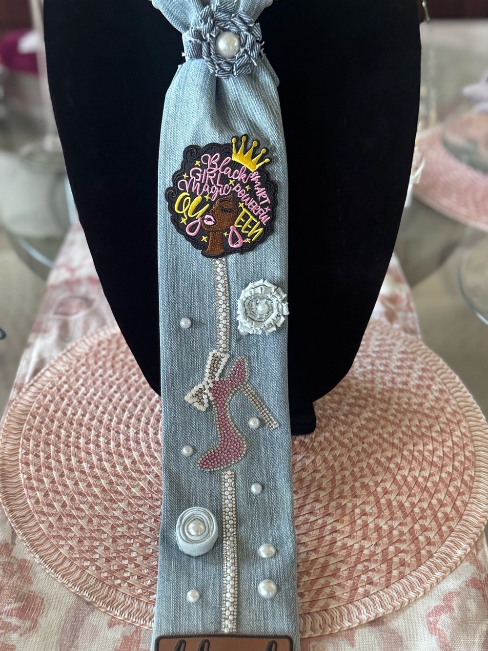 Handmade Black Girl Magic Denim Necktie Necklace - Picture 4 of 6
